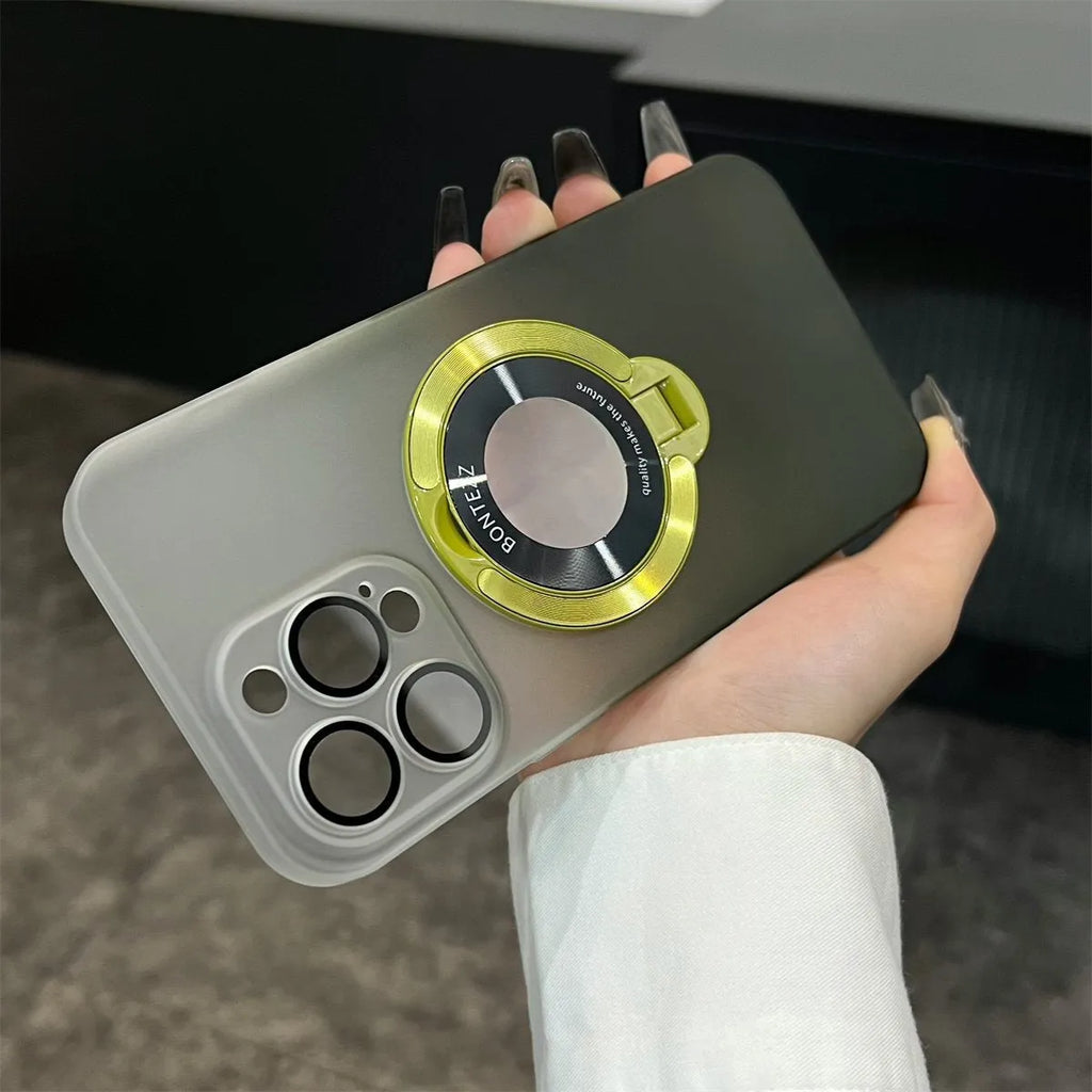 Magnetic bracket phone case for iPhone in gradient blue frosted PC with large camera window and built-in stand