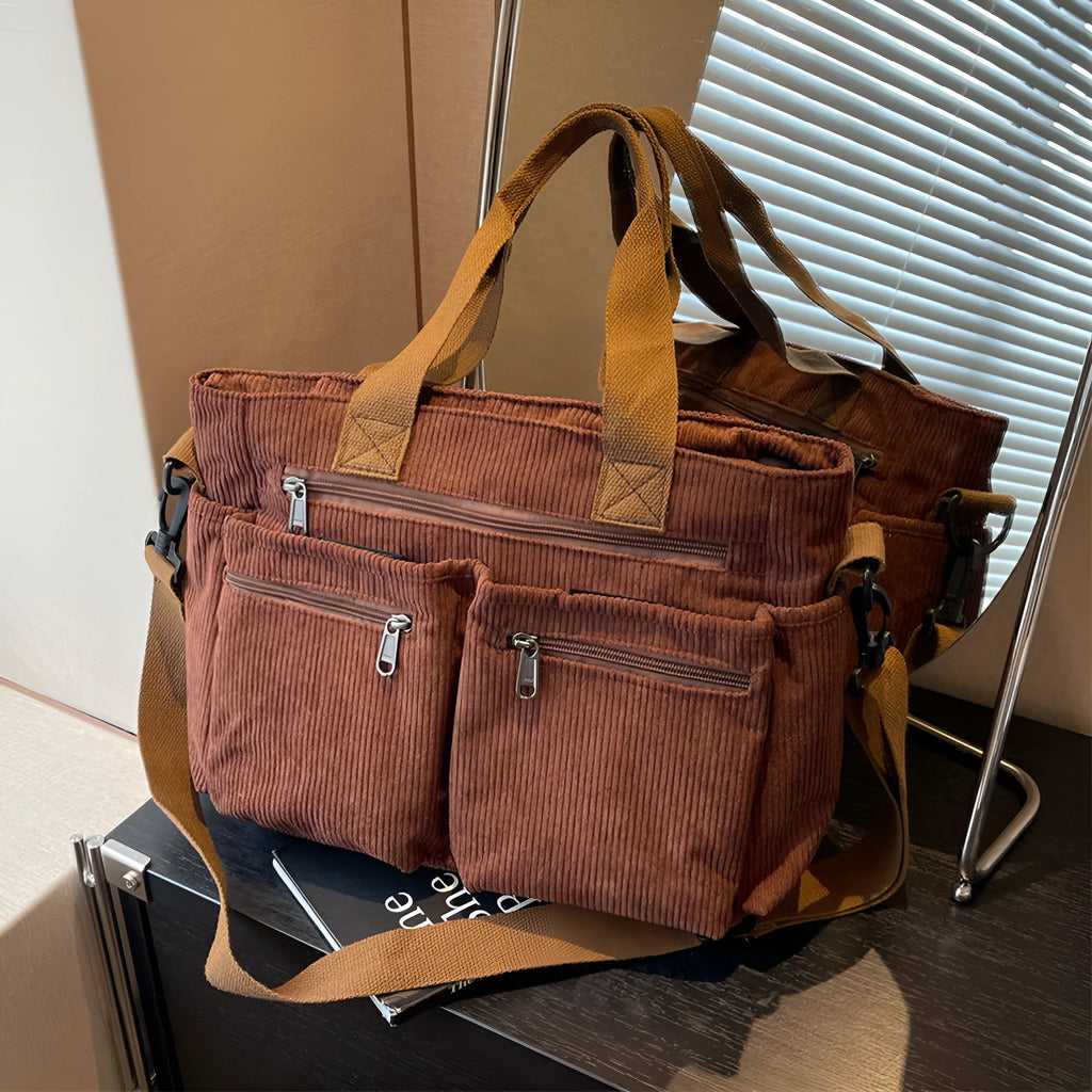 Large capacity women's simple shoulder messenger bag in soft corduroy, horizontal square shape, beige colour, 37x25x14cm
