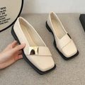 Women's square-toe flat shoes with metal buckle in artificial leather, available in beige, black, brown colours