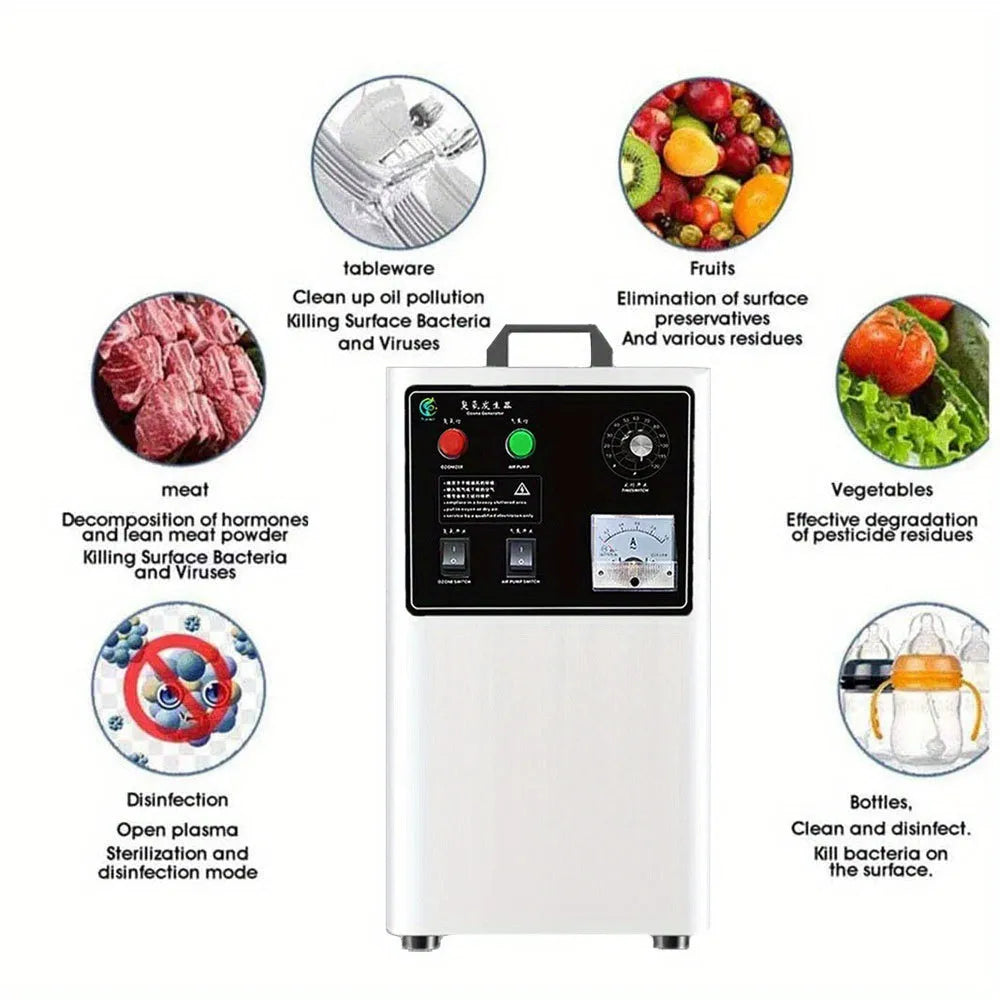 White and stainless steel ozone generator for treating fruits and vegetables, showing air-cooled vents.