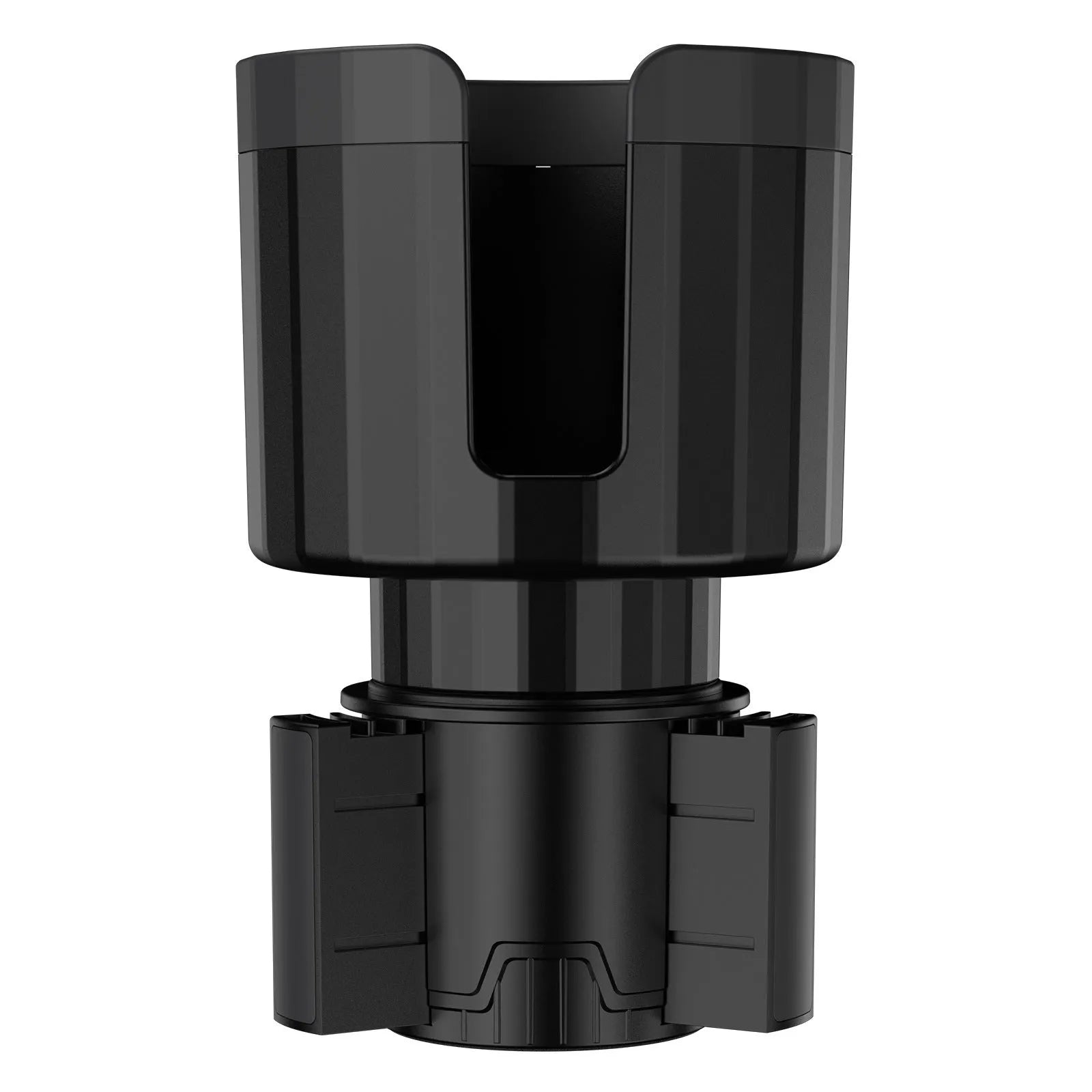 Matte black adjustable car cup holder expander for large bottles and cups on a car console.
