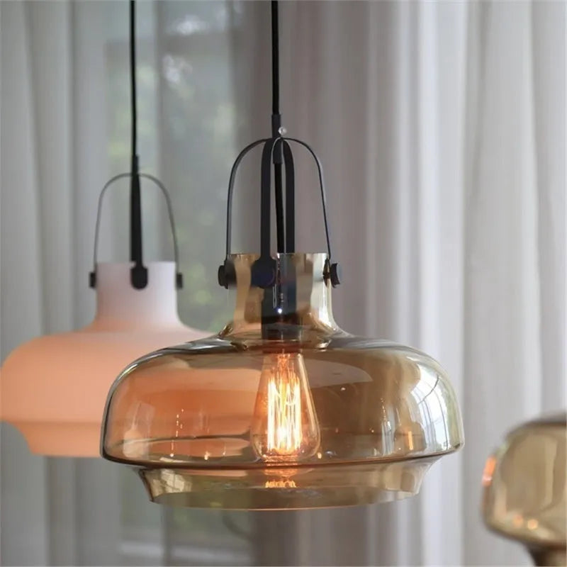 Retro industrial glass chandelier with warm light, available in three sizes and four glass colours for restaurant use