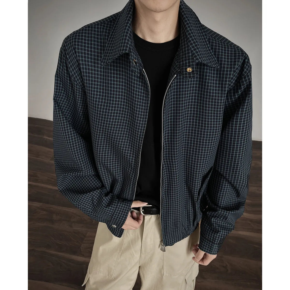 Korean style simple retro plaid short jacket with double zipper in gray plaid