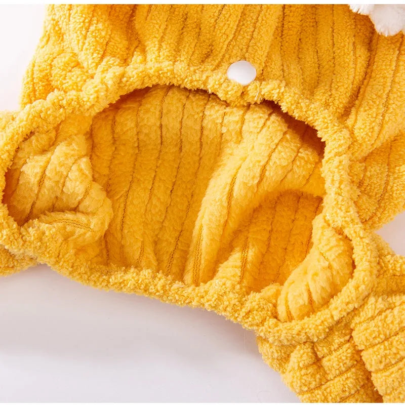Yellow ribbed fleece pet jumpsuit with white ruffled cuffs and leash ring for cats and small dogs.
