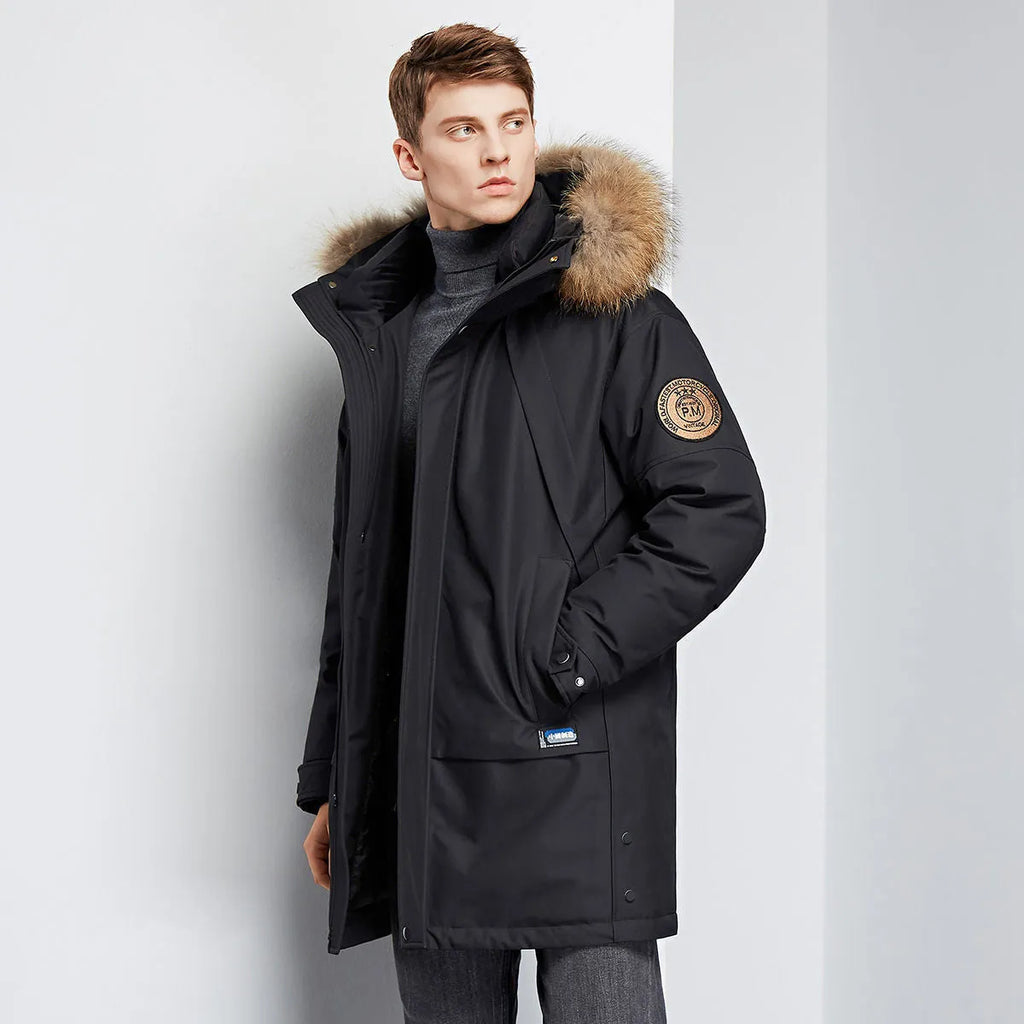 Men's hooded down jacket trench coat in black, white duck down filling, medium length polyester coat