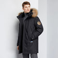 Men's hooded down jacket trench coat in black, white duck down filling, medium length polyester coat