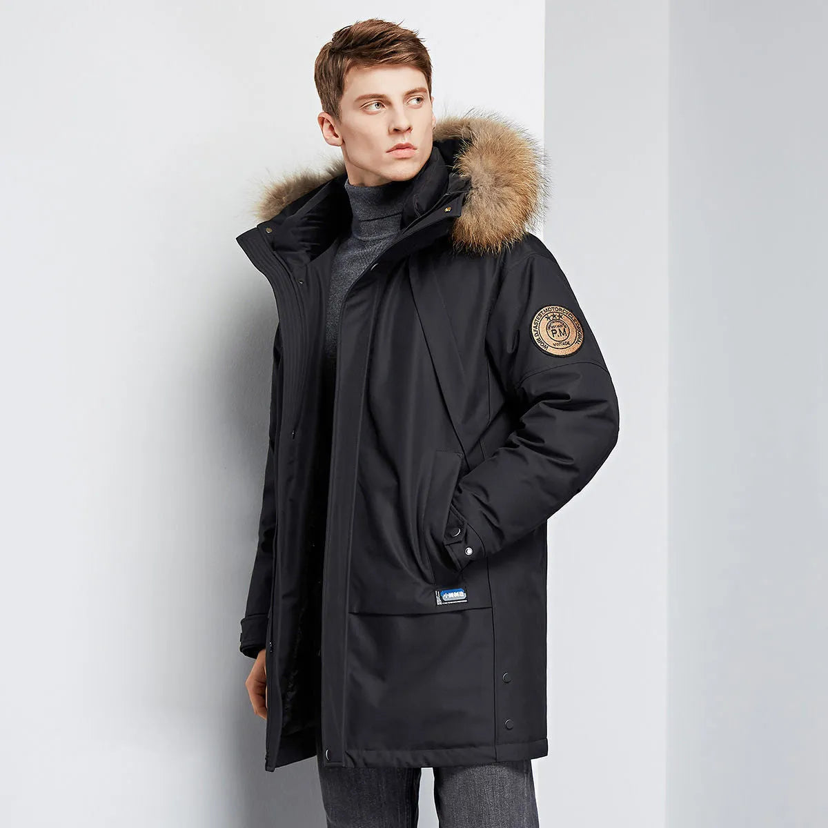 Men's hooded down jacket trench coat in black, white duck down filling, medium length polyester coat