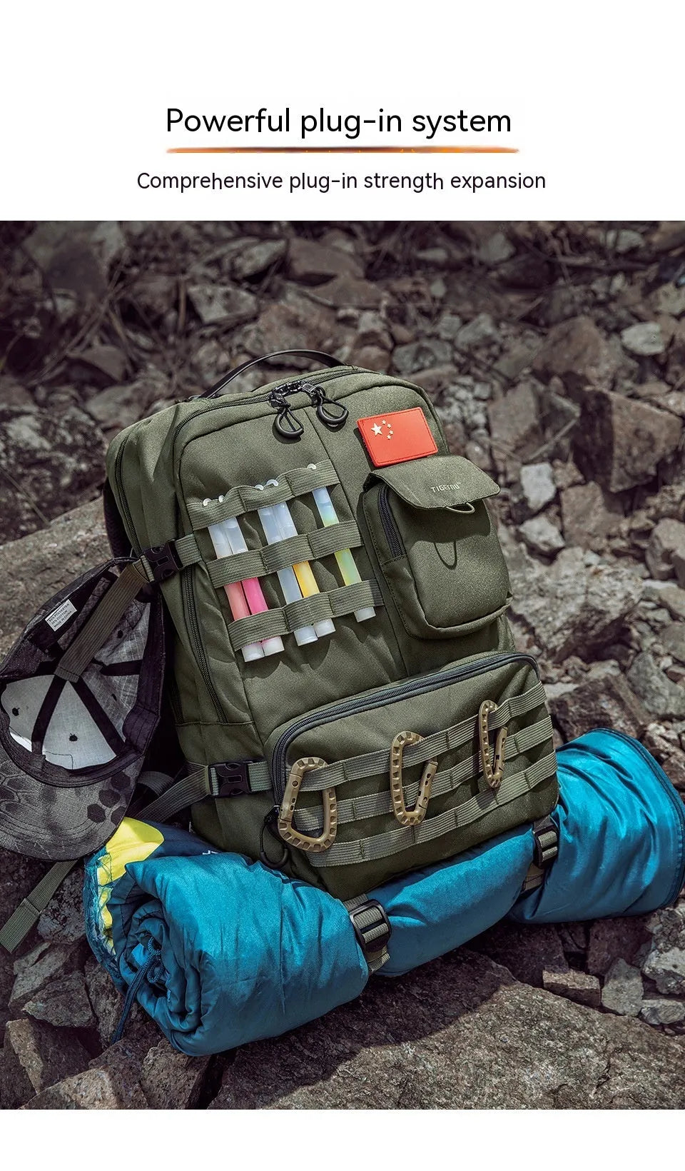 Army green tactical backpack with waterproof nylon construction showing 17-inch size and organisational compartments