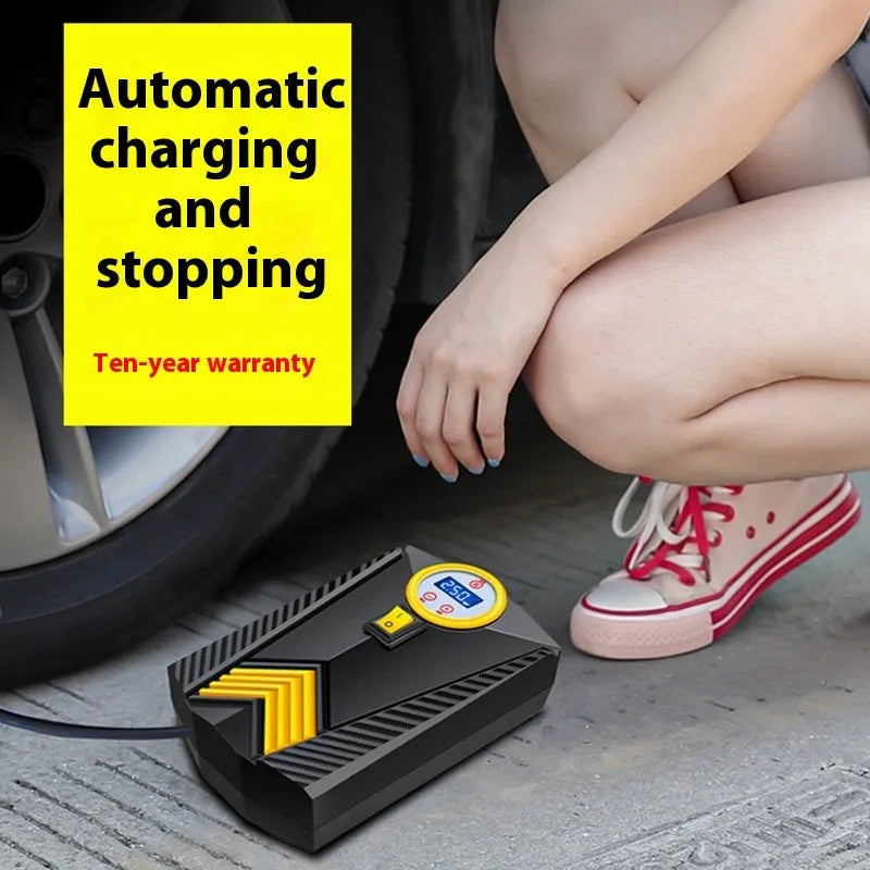12V car inflator pump with wired pointer gauge, including nozzles, for cars and bikes