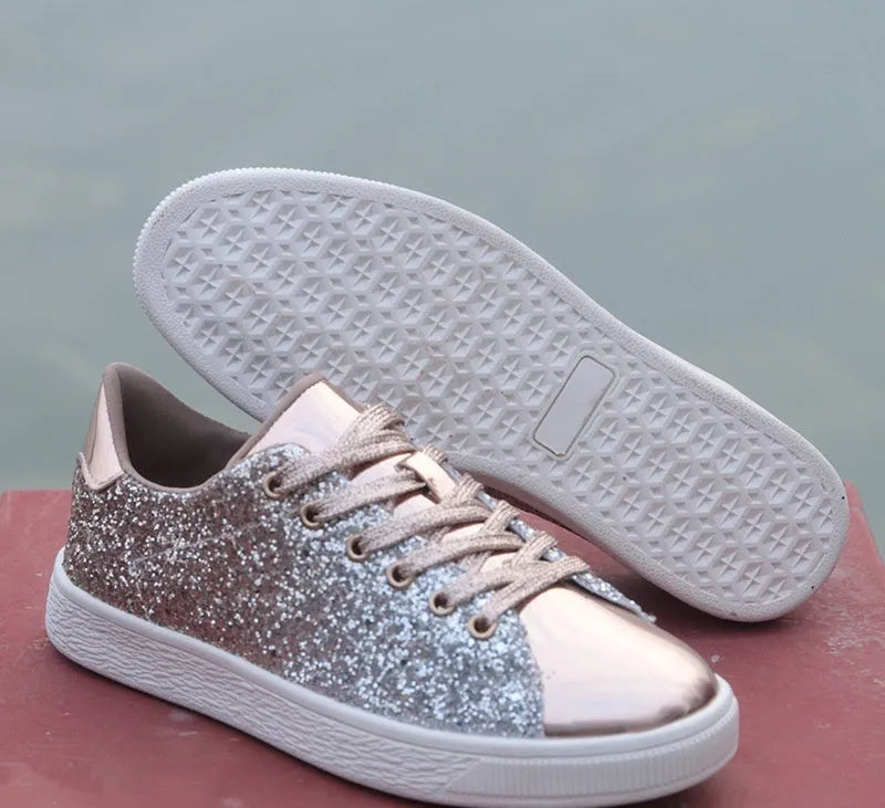 Women's black, pink and gold sequin casual low-top lace-up shoes with round toe and rubber sole.