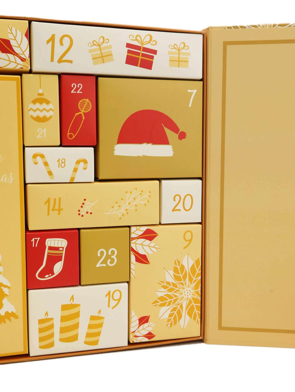 Yellow double door countdown calendar Christmas gift box with oil painting style print, 33x30x8cm, on grey cardboard