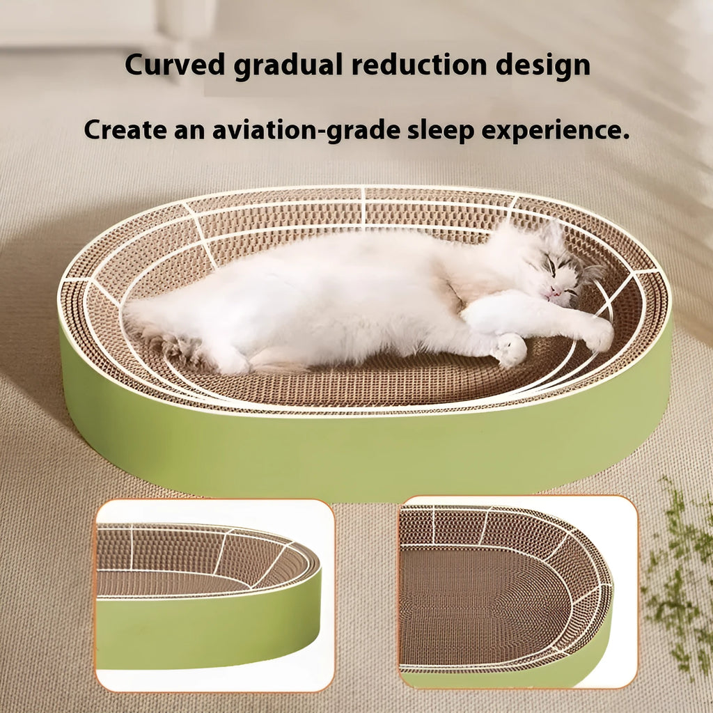 Green oval corrugated paper cat scratch board nest bed with a 55cm diameter