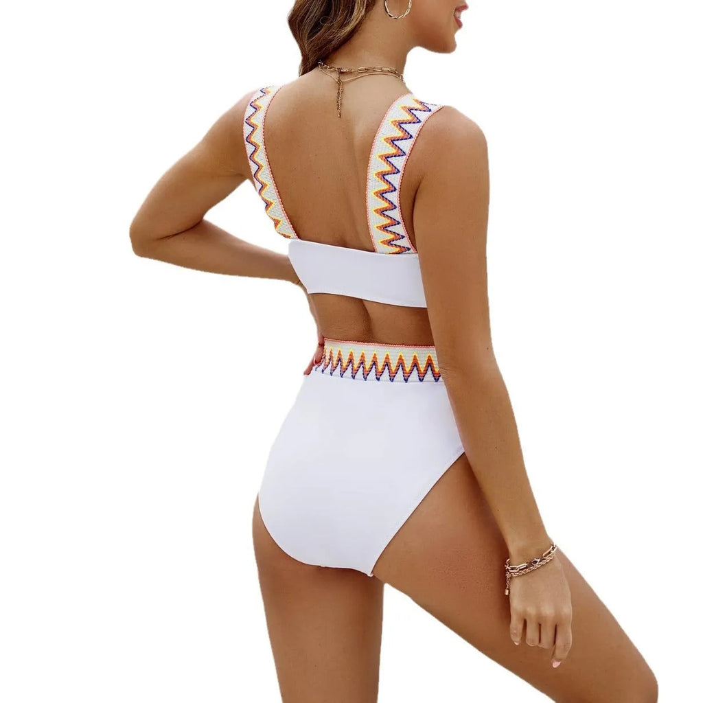 Black and white women's lace-up bikini with high-waisted briefs and backless swimsuit design