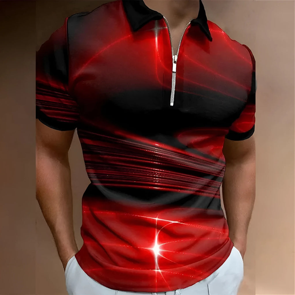 Men's blue zip-front polo shirt with a lapel collar and short sleeves, made from bird eye cloth.