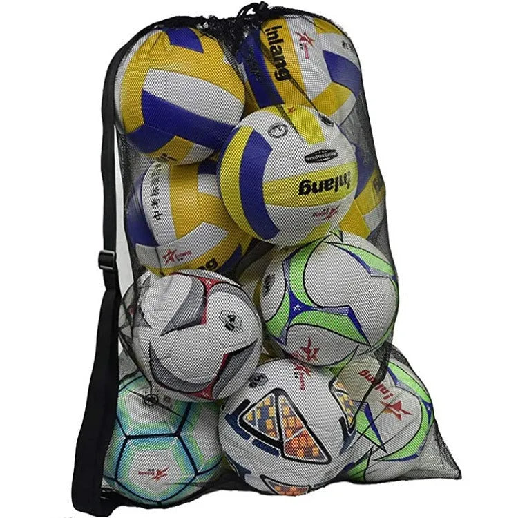 Large capacity black mesh storage bag holding footballs, basketballs, and volleyballs