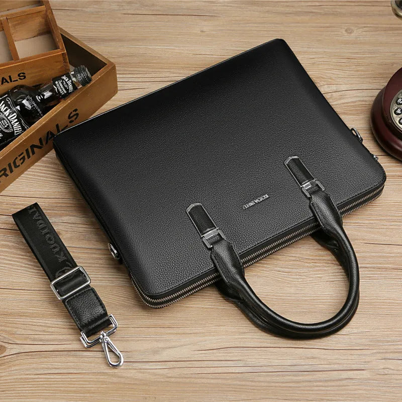 Men's PU leather business handbag with litchi pattern, horizontal square shape, telescopic handle, black or brown