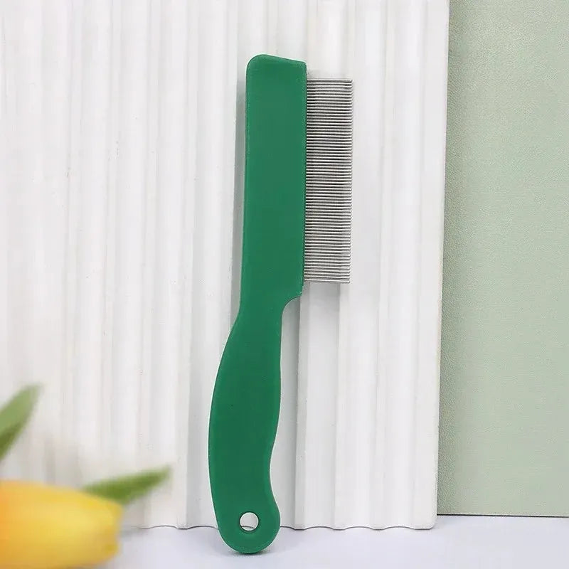 Green pet flea comb with stainless steel pins and plastic handle for dogs and cats grooming