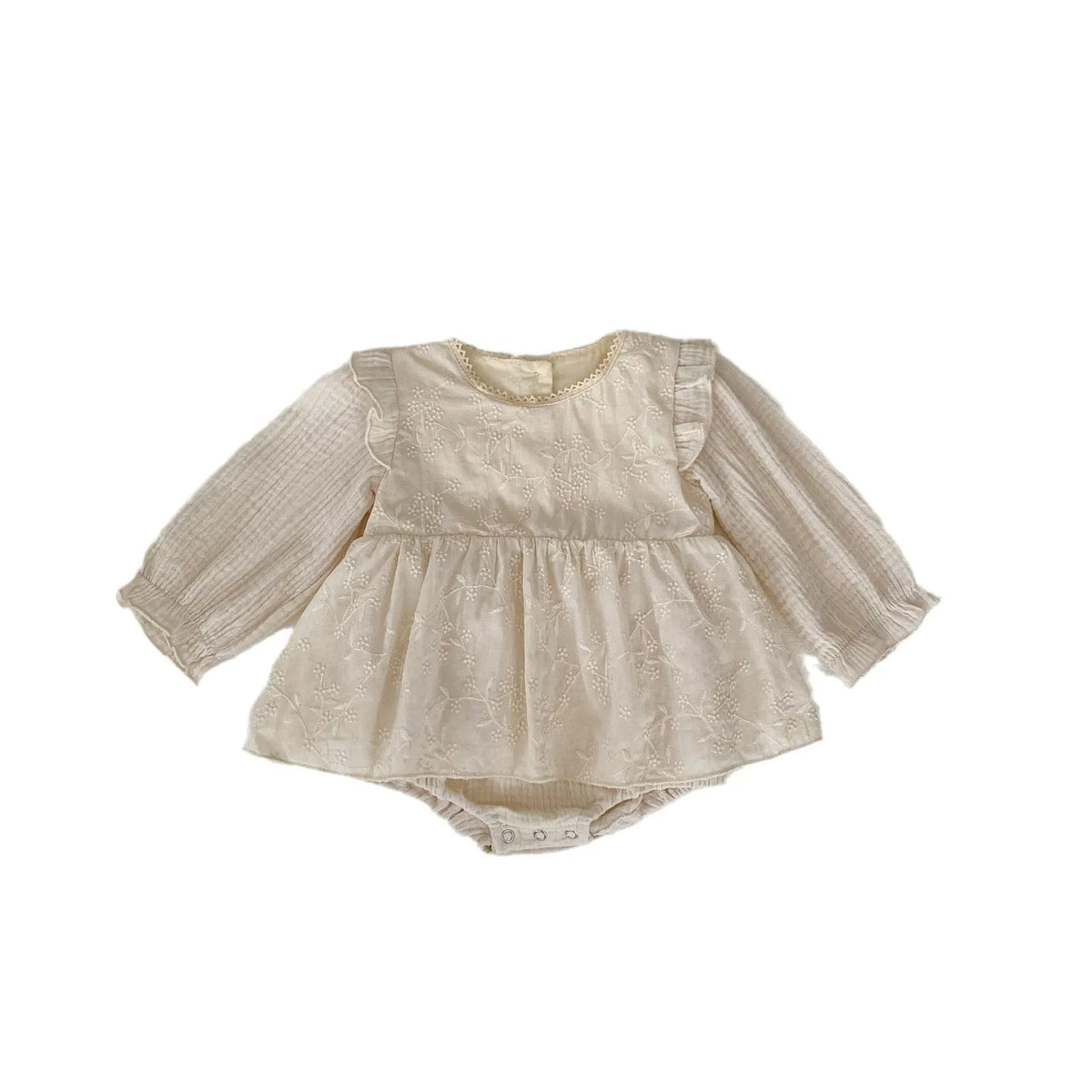 Apricot cotton baby jumpsuit with long sleeves, embroidery and lace, triangle style for spring autumn, sizes 66cm to 90cm