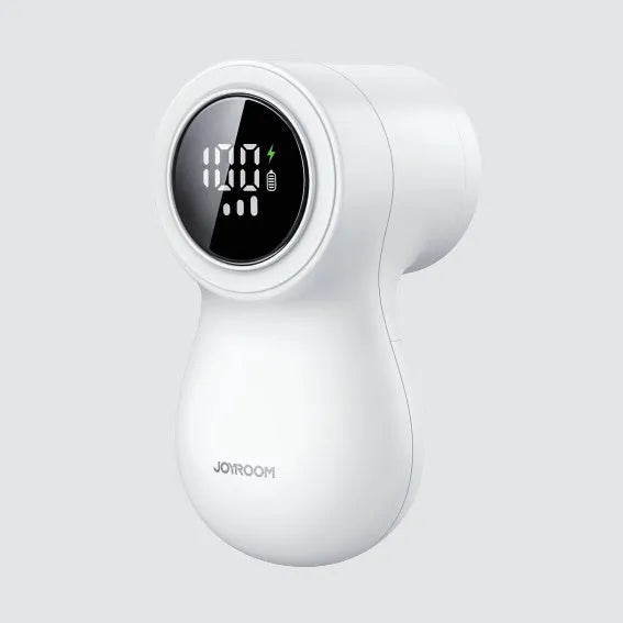 White electric lint remover with LED display and USB charging port for fabric hairball removal