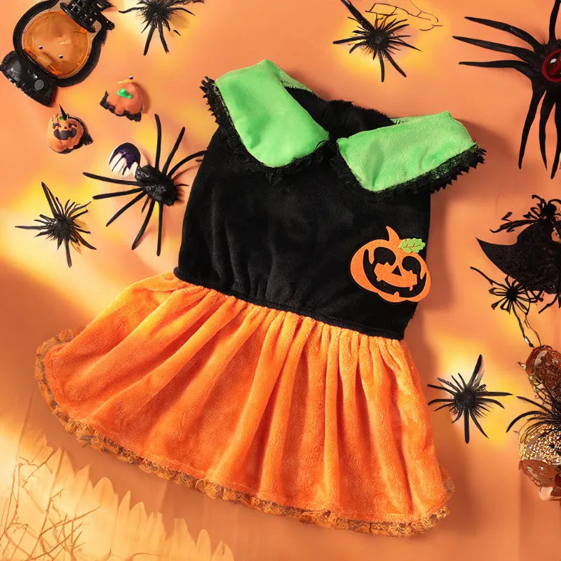 Halloween pumpkin skirt pet costume for small dogs and cats in crystal velvet material