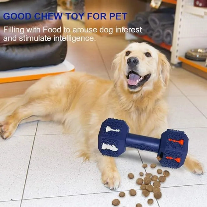Heavy black rubber dumbbell dog chew toy with textured surface and hollow ends on a white background.
