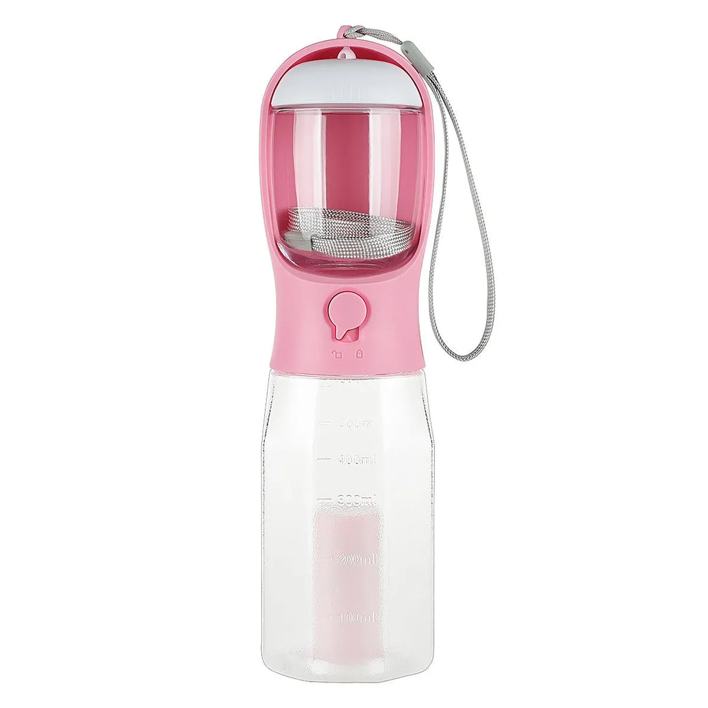 Portable 3-in-1 pet water bottle with 600ml capacity, leak-proof drinker, and poop dispenser in pink