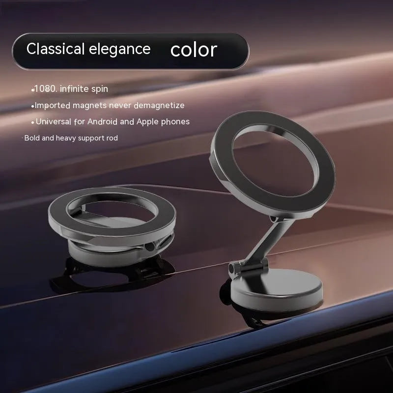 All-metal foldable magnetic car phone mount shown on a dashboard, holding a mobile phone.