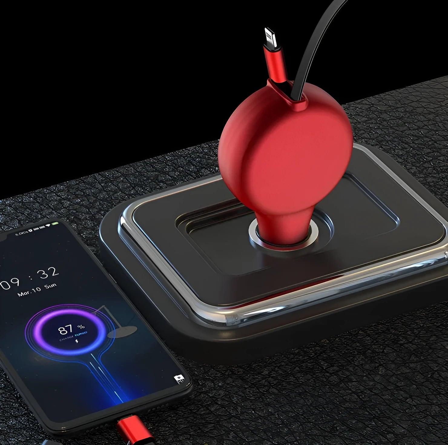 A black retractable dual-port car charger with extended cables, shown next to a vehicle power socket.