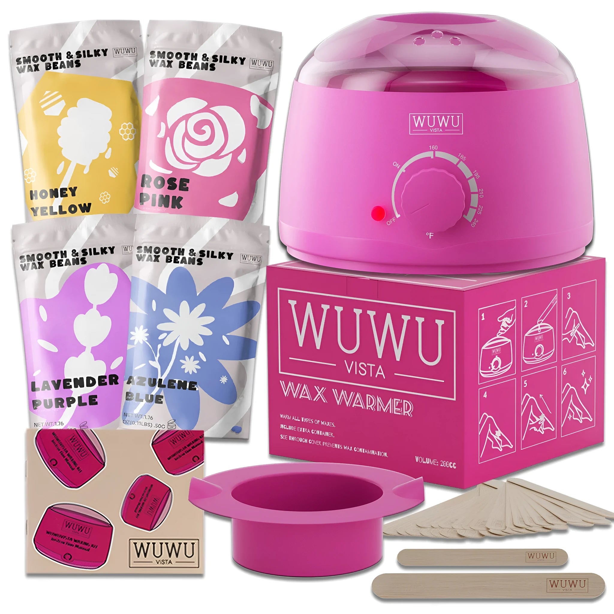 27-piece hair removal wax kit showing a wax heater, four coloured wax bead packs, and applicator sticks on a pink background.