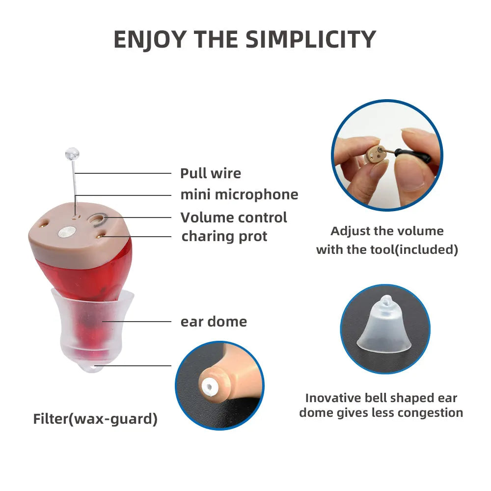 Rechargeable hearing amplifier in beige skin-coloured design with portable charging case and accessories