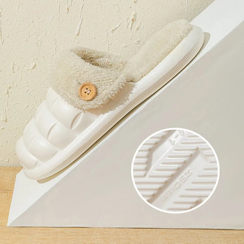 Plaid pattern detachable EVA slippers with plush lining and a textured nonslip sole.