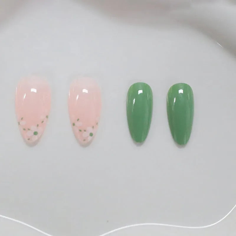 New Simple Fake Nails Set White Little Flower Long Green Section Almond Shaped Wearable Nail Art for Ladies Black Jelly Glue Rub Yellow Jelly Glue Rub Colour CW680