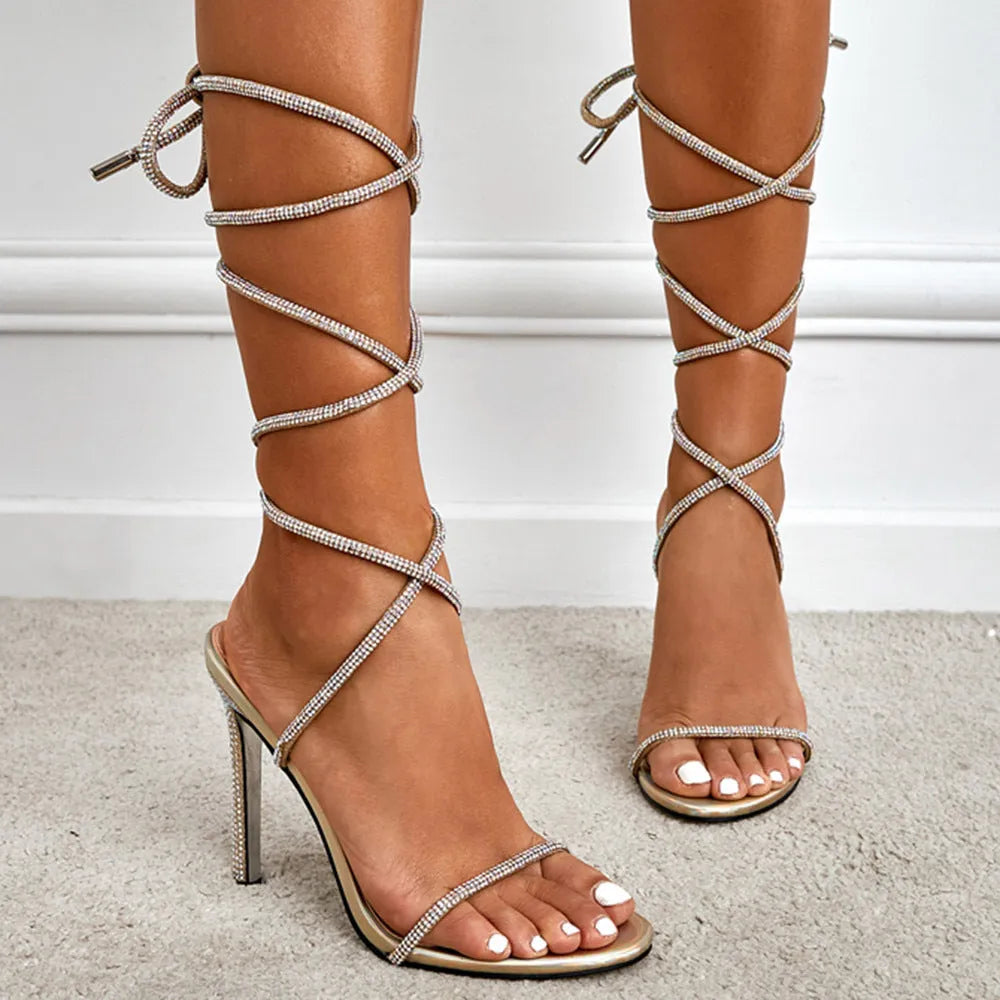 Women's PU stiletto ankle-strap high heels in silver and gold with 11cm heel, side view
