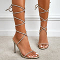 Women's PU stiletto ankle-strap high heels in silver and gold with 11cm heel, side view