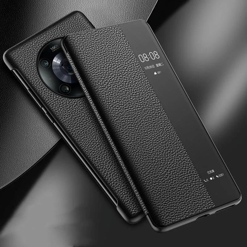 Flip leather phone case for Honor Magic4 and Magic4 Pro in Elegant Black with simple business style