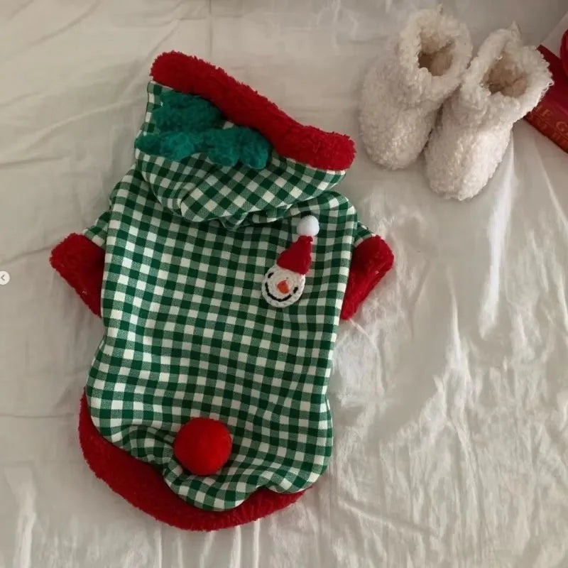 Plaid dog hoodie with snowman design in milk silk fabric, suitable for small breeds like Bichon Frise
