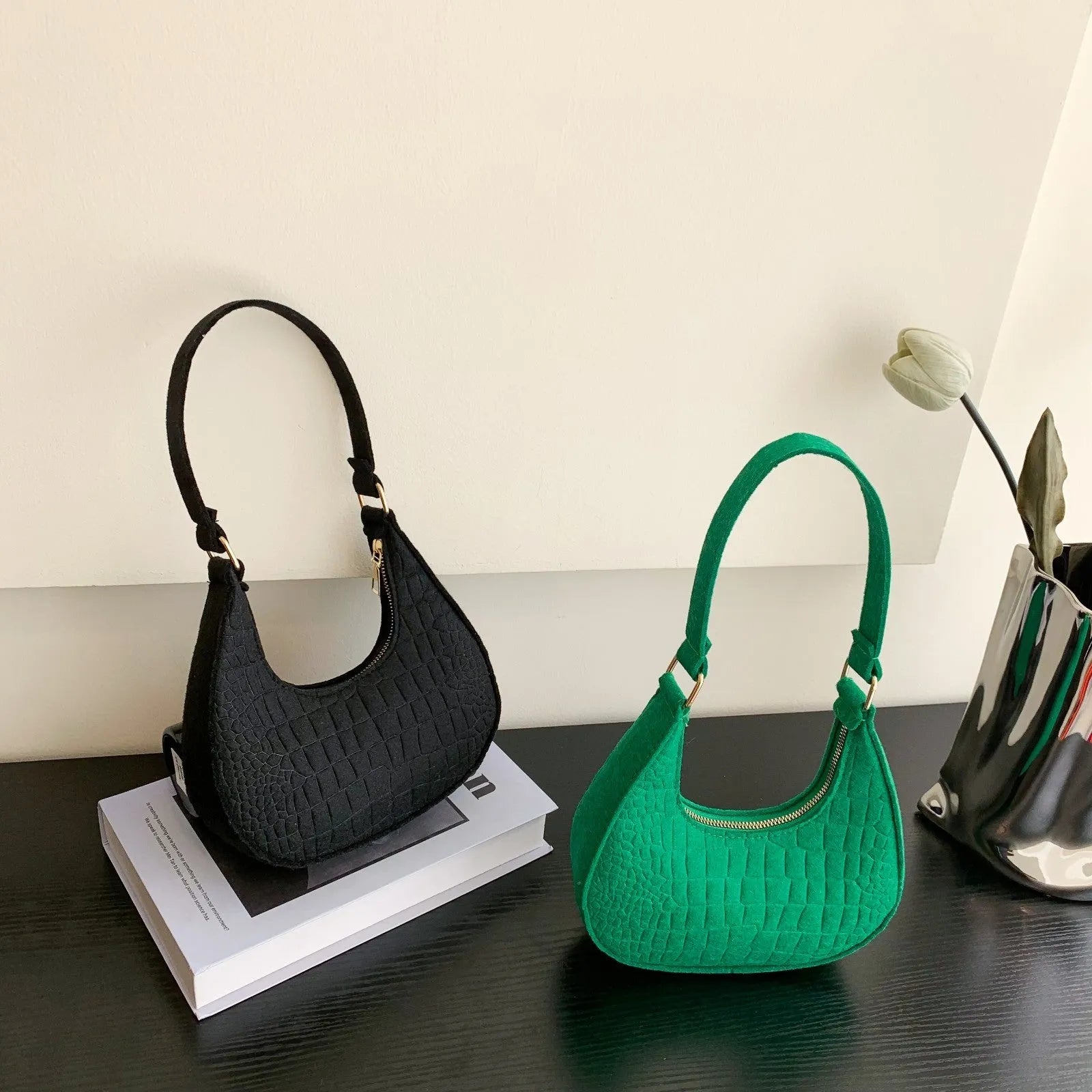 Casual felt shoulder handbag in Korean style, free size, available in multiple colours including orange red and khaki