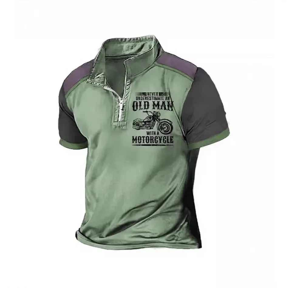 Men's casual lapel collar polo shirt with a digital letter print and short sleeves.