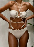 Women's black bikini swimsuit with split lace-up front design and briefs-style bottom