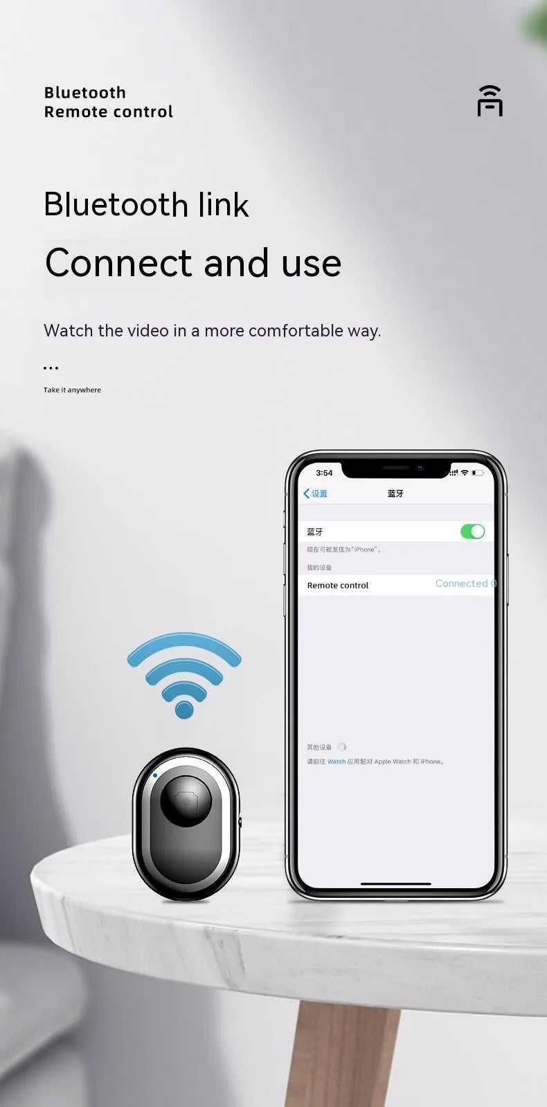 Wireless Bluetooth remote control for smartphone photography in black, pink, and purple colour options