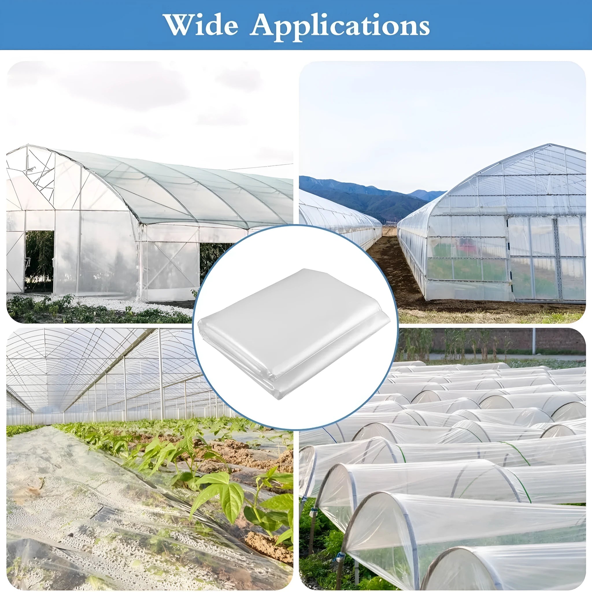 Roll of transparent plastic greenhouse cold film measuring 4m by 8m for vegetable shed insulation.