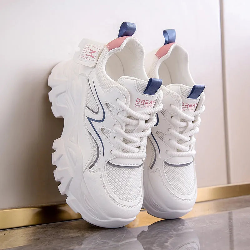 Children's platform elevator shoes in white or beige, artificial PU upper, round toe, sizes 35-40