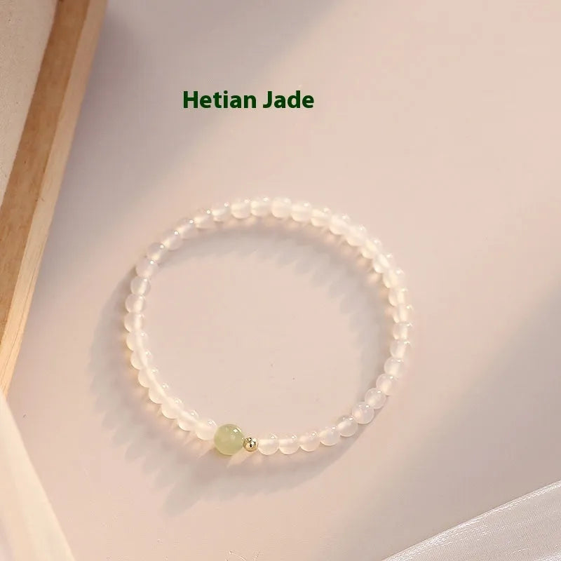 Handmade New Chinese style white agate beaded bracelet for women, 15 cm long.