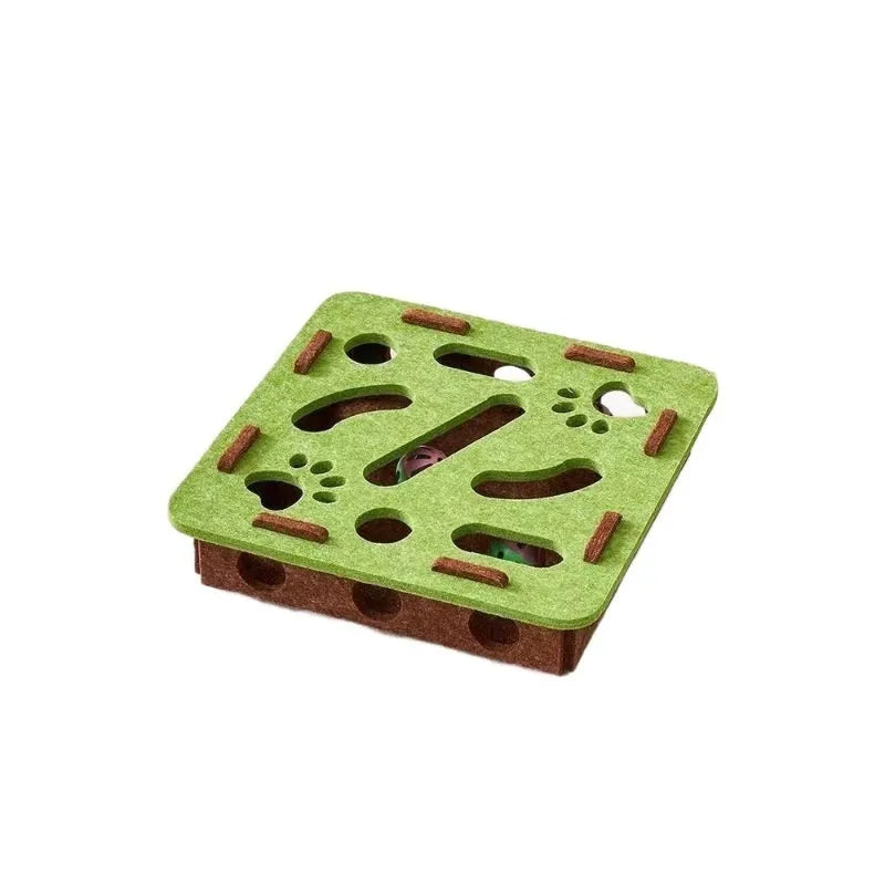 Cat self-hi toy felt box measuring 30cm wide with central relieving hole in camel white colour