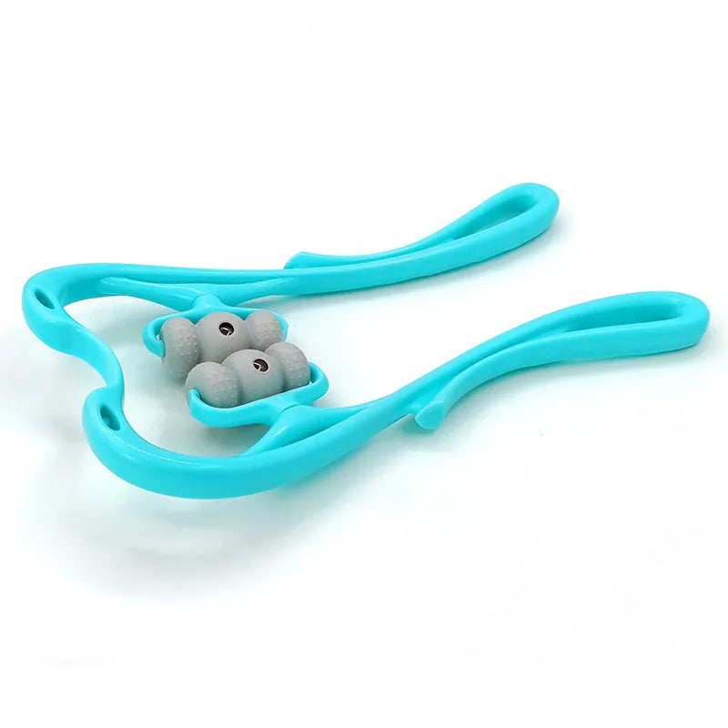 Blue handheld neck massager roller with 96 pressure nodes on a rotating head.
