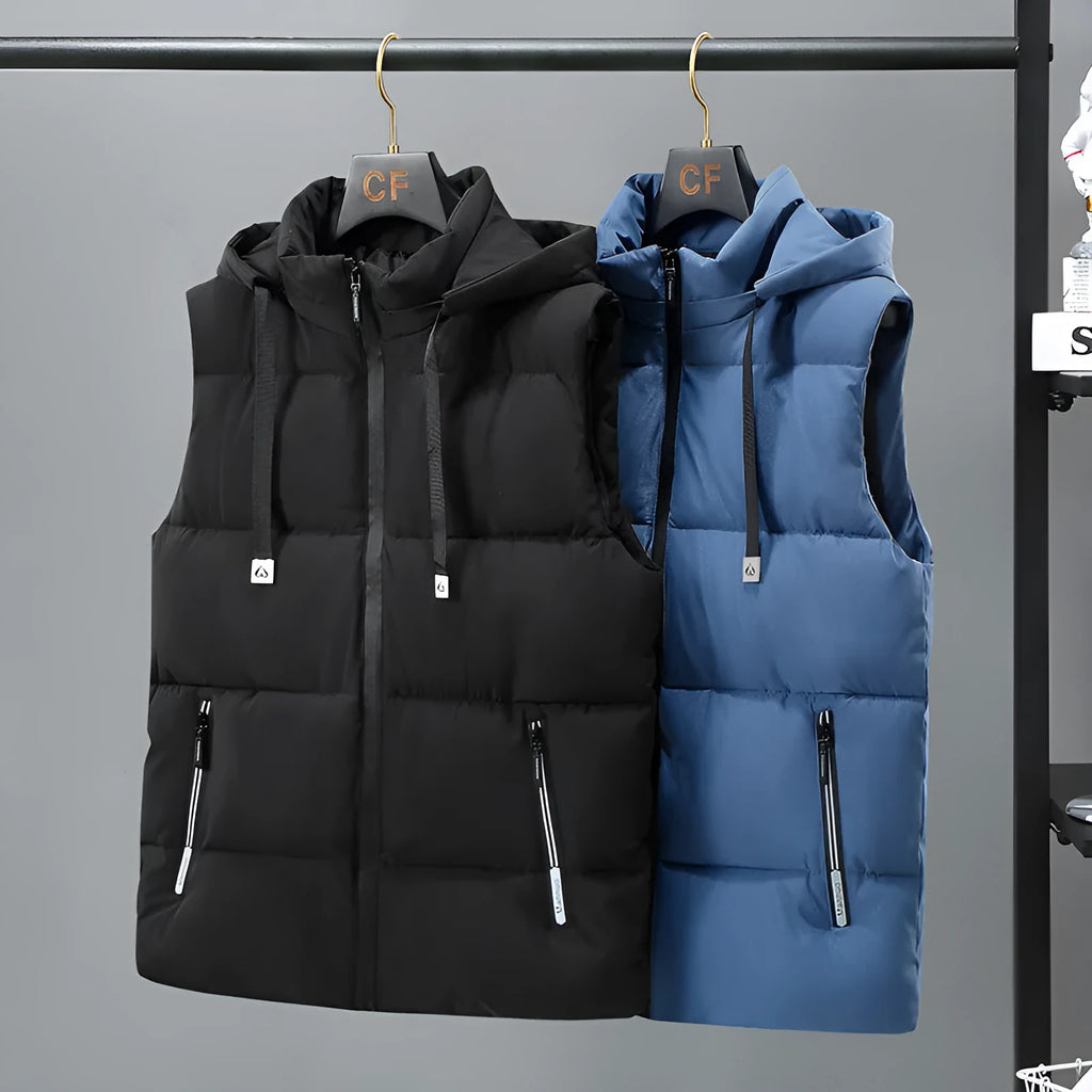 Men's thick winter vest in black or blue with straight hem design and polyester fleece lining