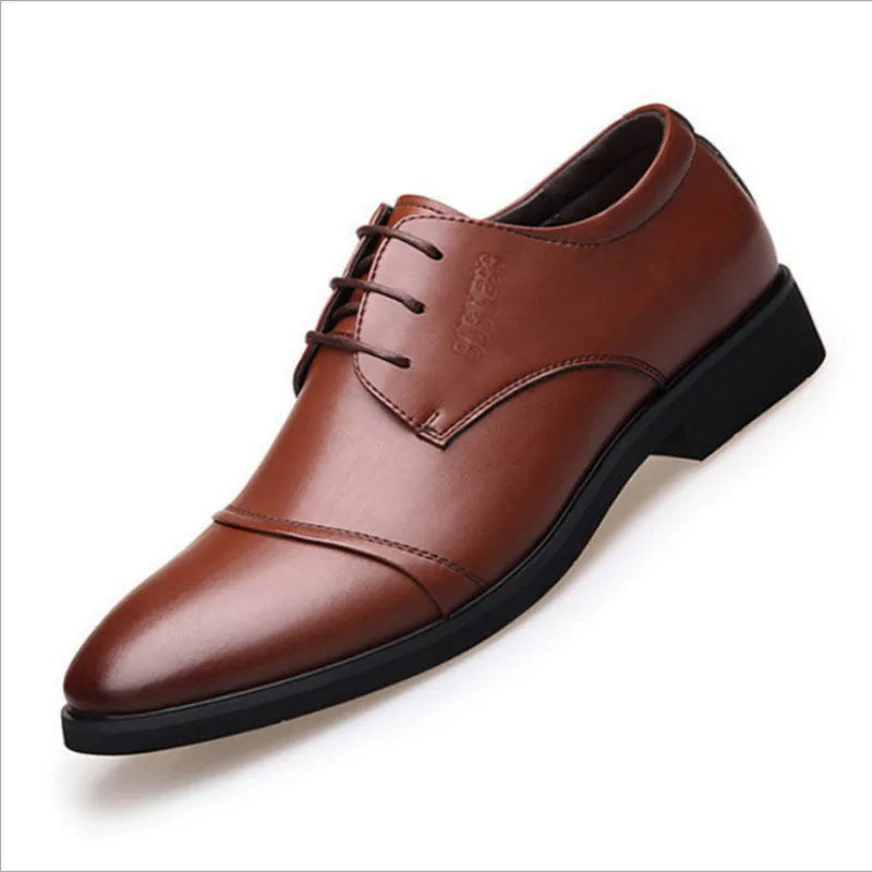 Men's black formal lace-up shoes with decorative stitching and horse buckle detail on rubber sole