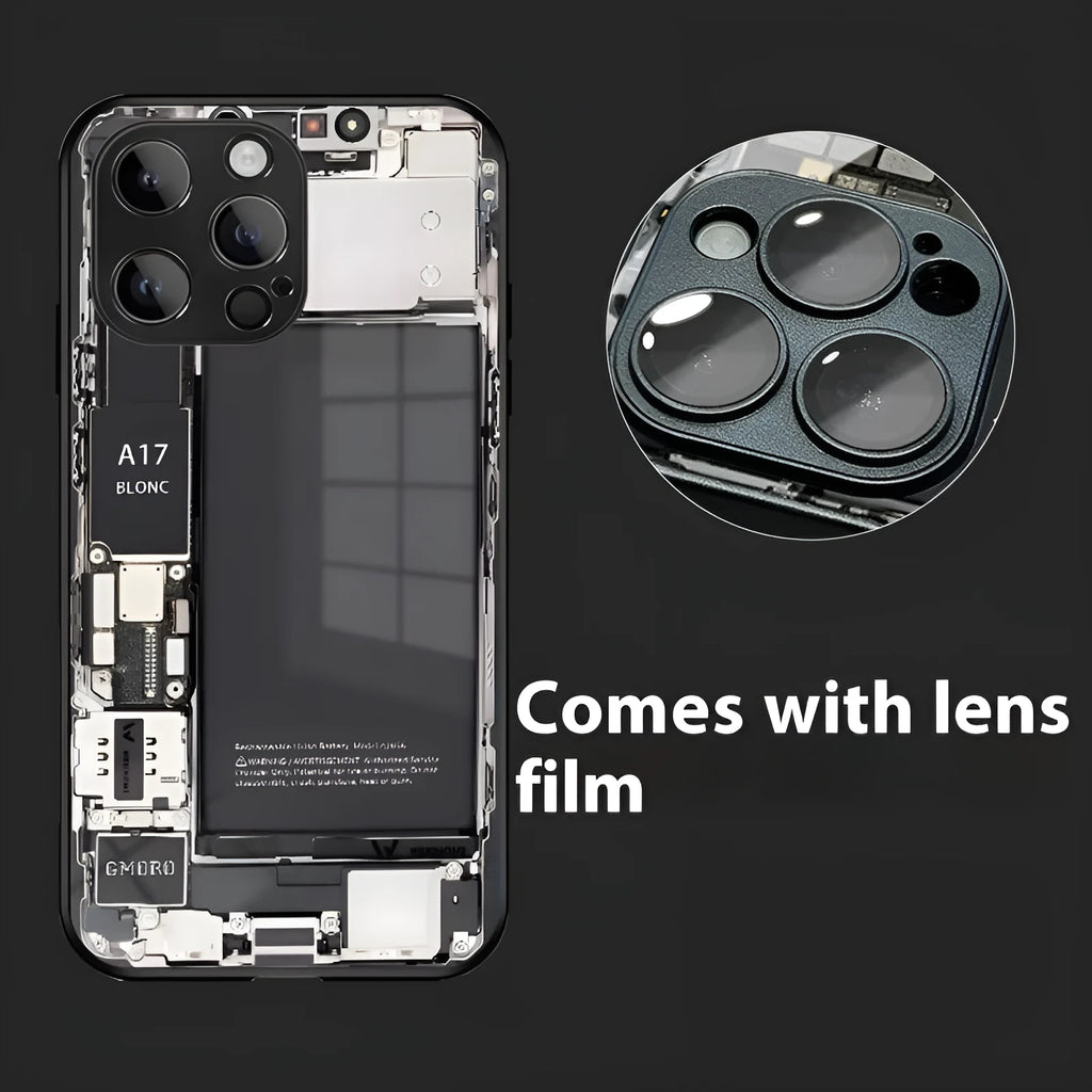 Black glass phone case with creative circuit board design and included lens protector for iPhone