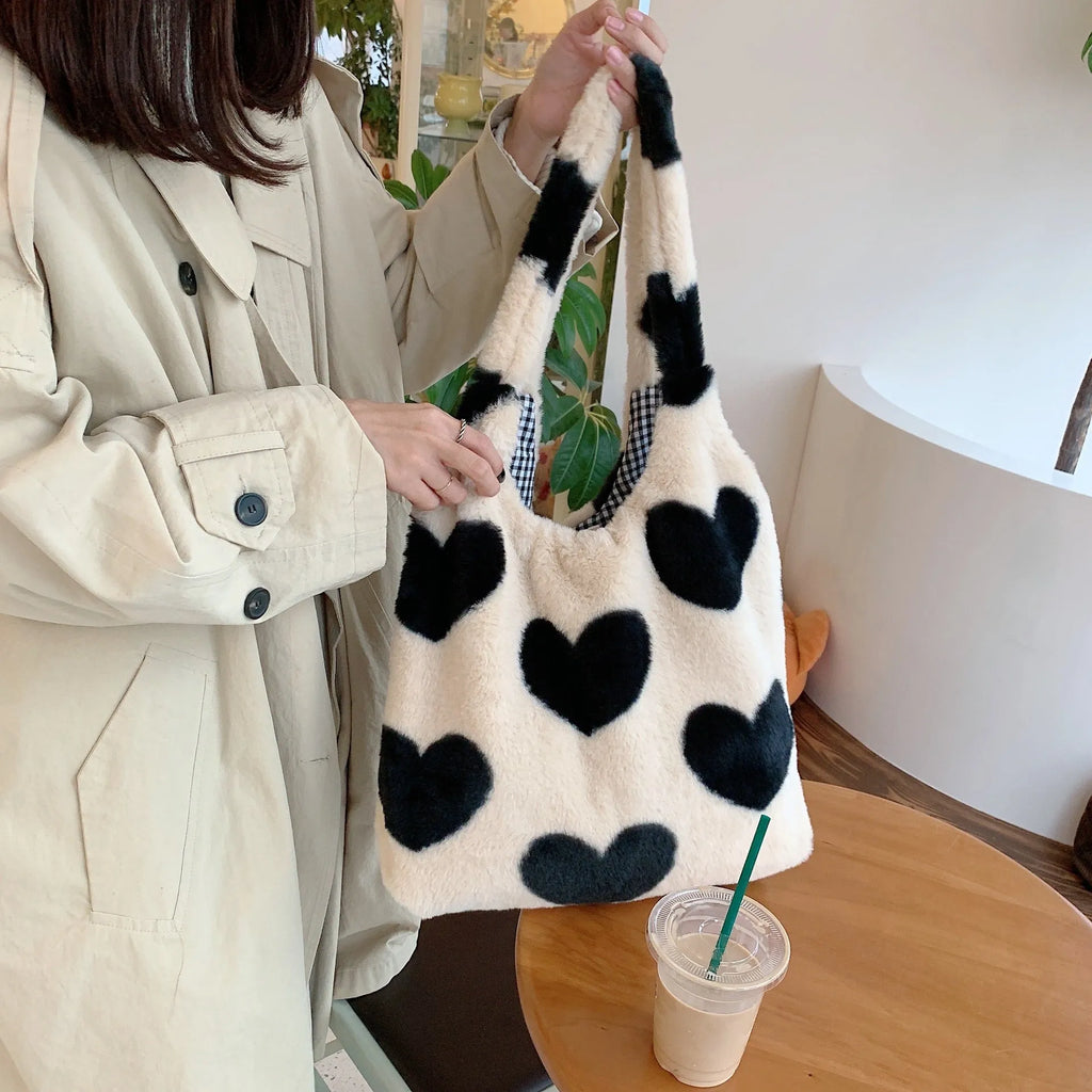 Love heart double side plush shoulder bag in beige with soft handle and double straps