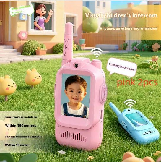 Two mini video walkie talkies for kids in pink and blue with 2.0 inch screen and charging cable